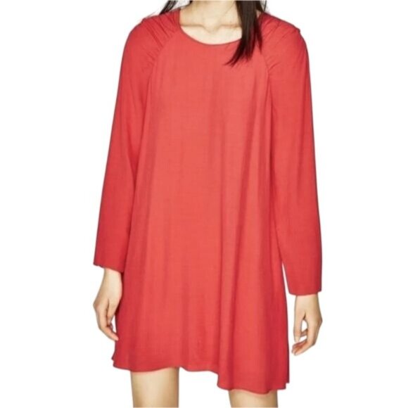 Zara Trafaluc Red Open Back Mini Dress M Ruffles Pleated Long Sleeve Feminine - Picture 1 of 12